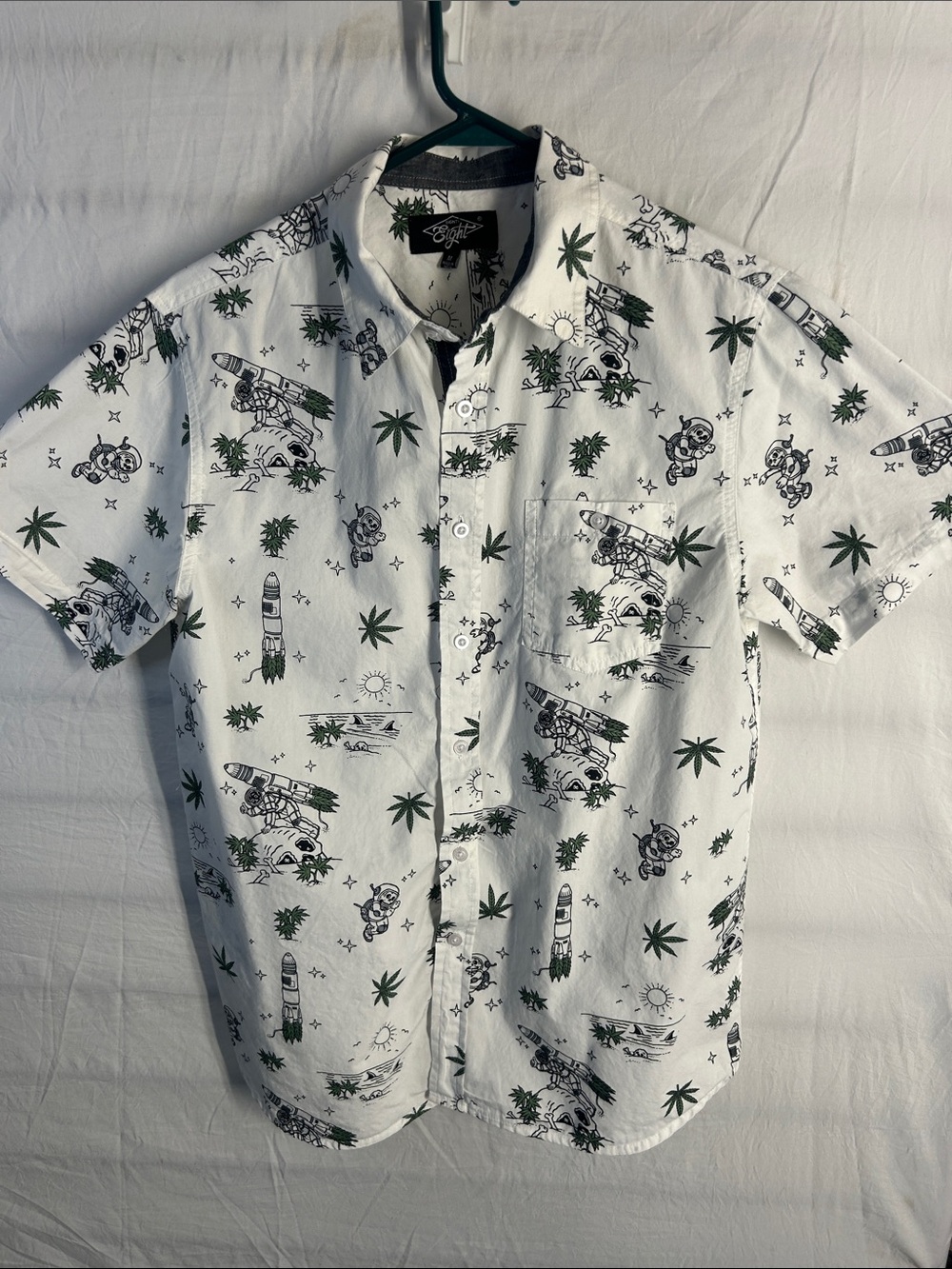 Eighty Eight White Short-Sleeve Button-Up Shirt with Green and Black Print